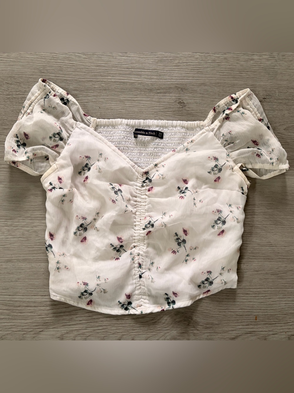 Abercrombie & Fitch White Floral Ruched Puff-Sleeve Crop Top